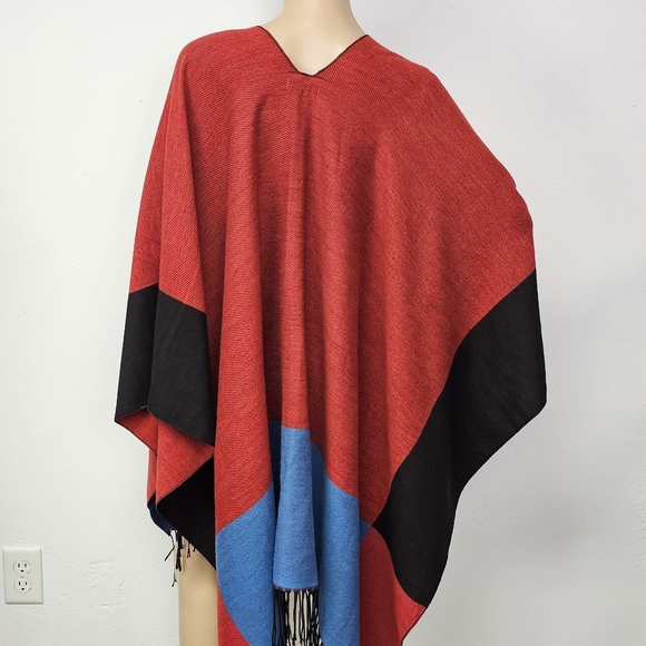 Janice Apparel Wrap Poncho Colorblock Fringed One size Country Cabincore - Picture 6 of 12